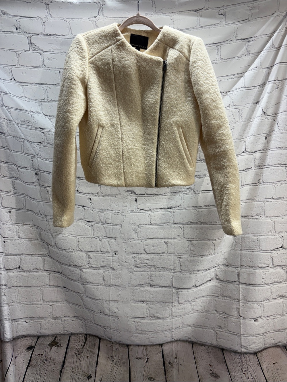 Banana Republic Cream Wool-Blend Asymmetrical Zip Jacket